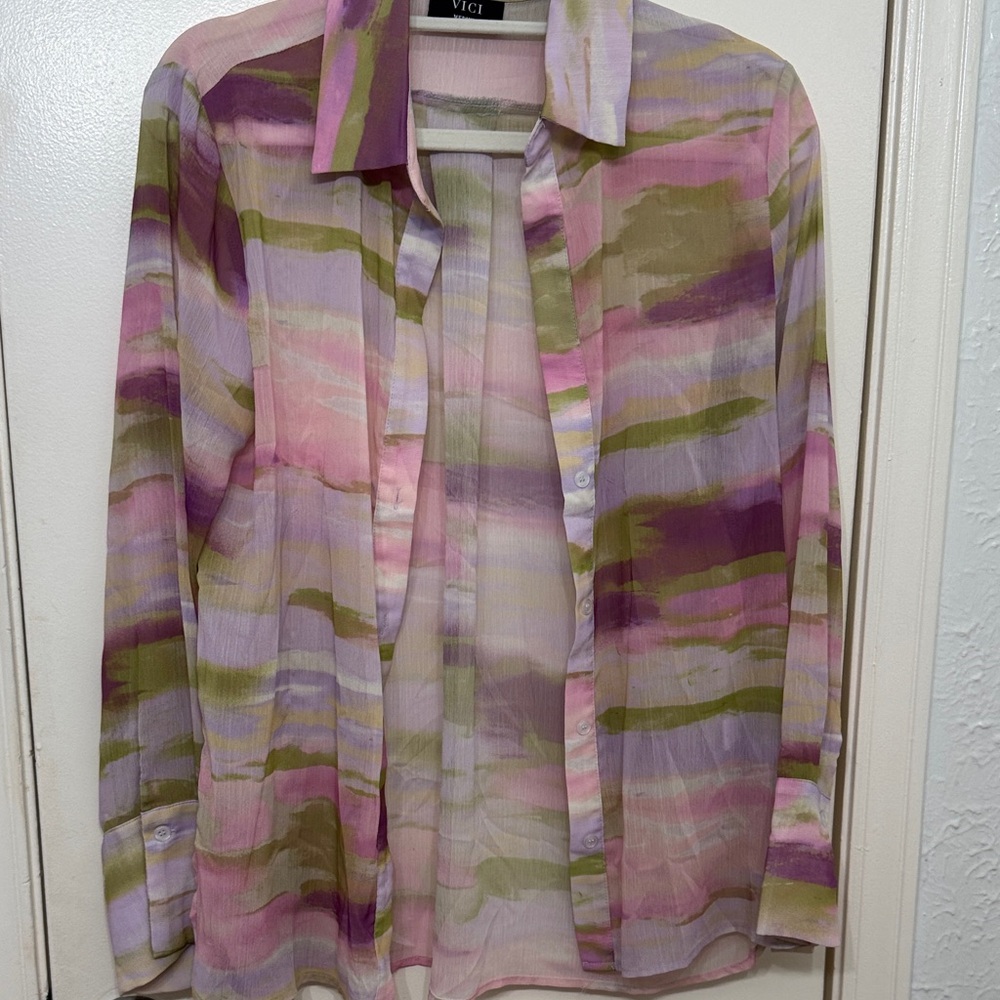 VICI Multicolor Pastel Stripe Long-Sleeve Button Down — Pink, Lavender & Olive